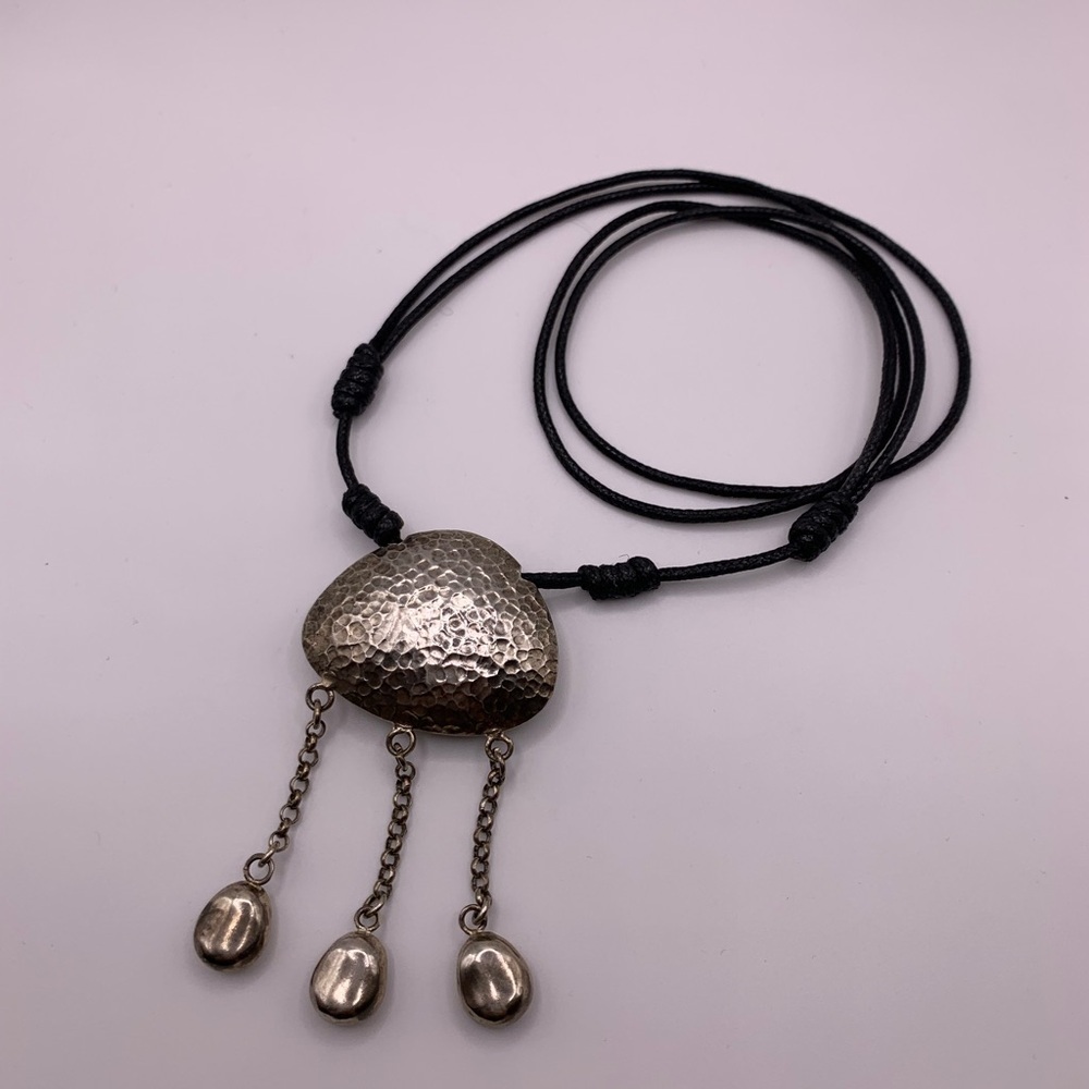 Vintage Sterling Silver hammered pendant with black adjustable cord